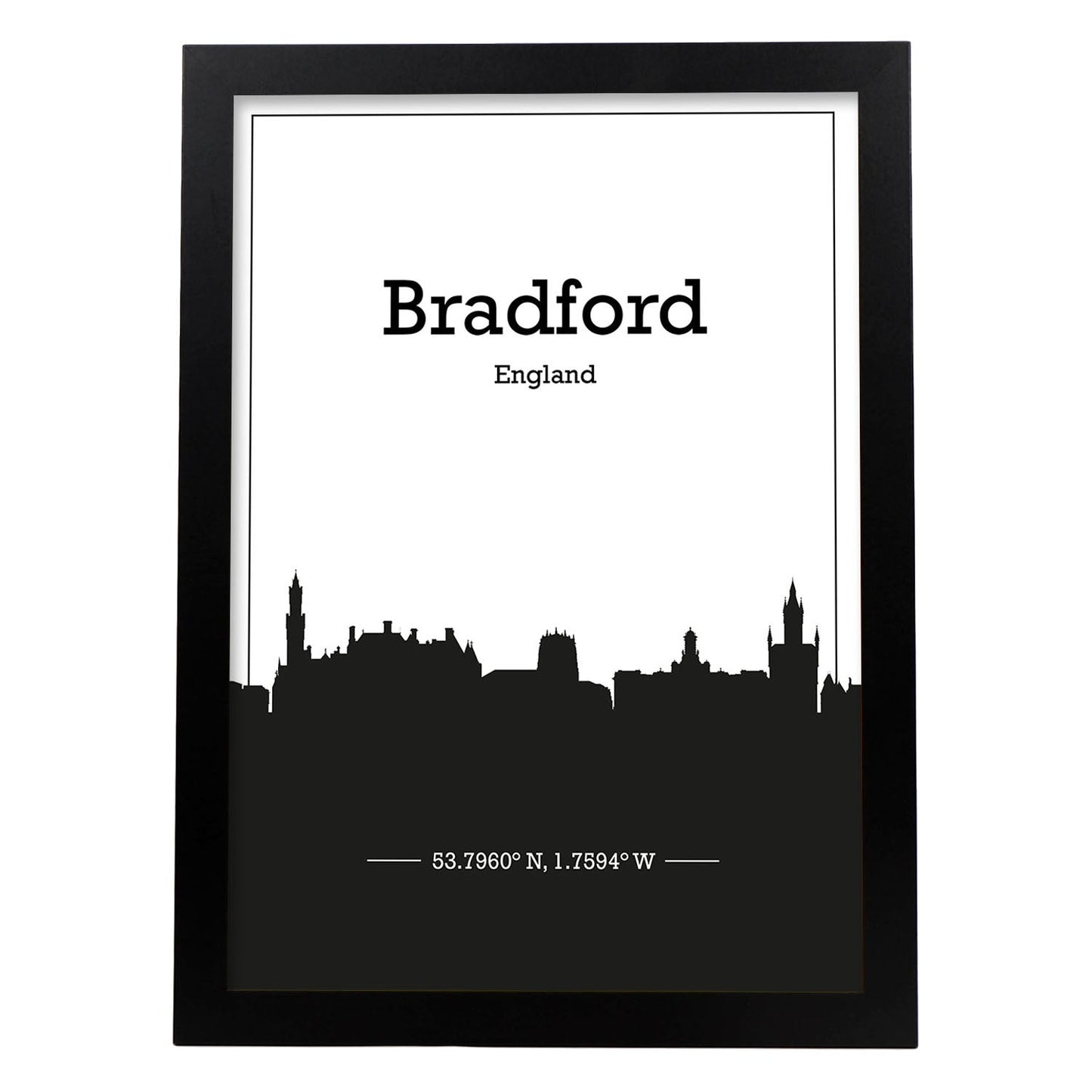 Poster con mapa de Bradford - Inglaterra. Láminas con Skyline de ciudades de Inglaterra e Irlanda con sombra negra.-Artwork-Nacnic-A3-Marco Negro-Nacnic Estudio SL