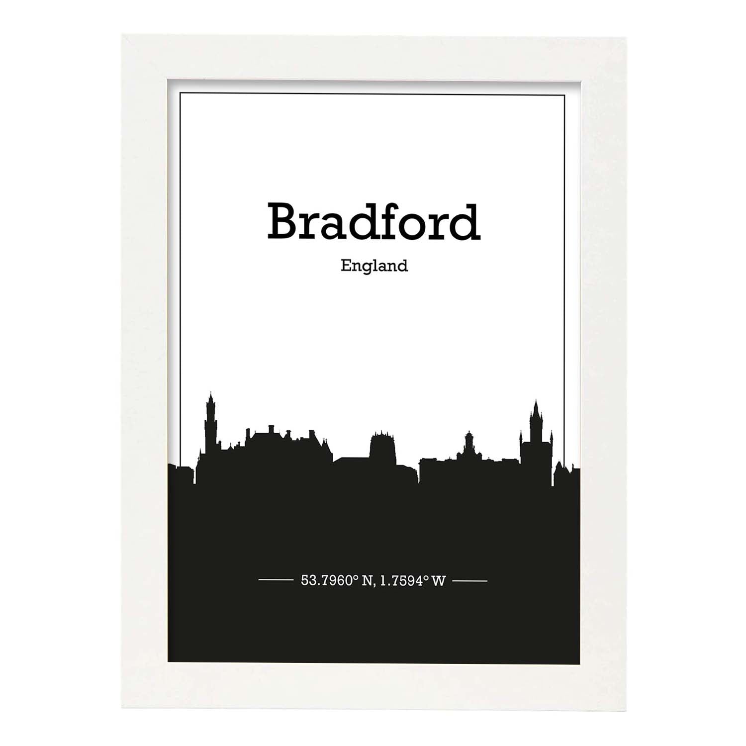 Poster con mapa de Bradford - Inglaterra. Láminas con Skyline de ciudades de Inglaterra e Irlanda con sombra negra.-Artwork-Nacnic-A4-Marco Blanco-Nacnic Estudio SL