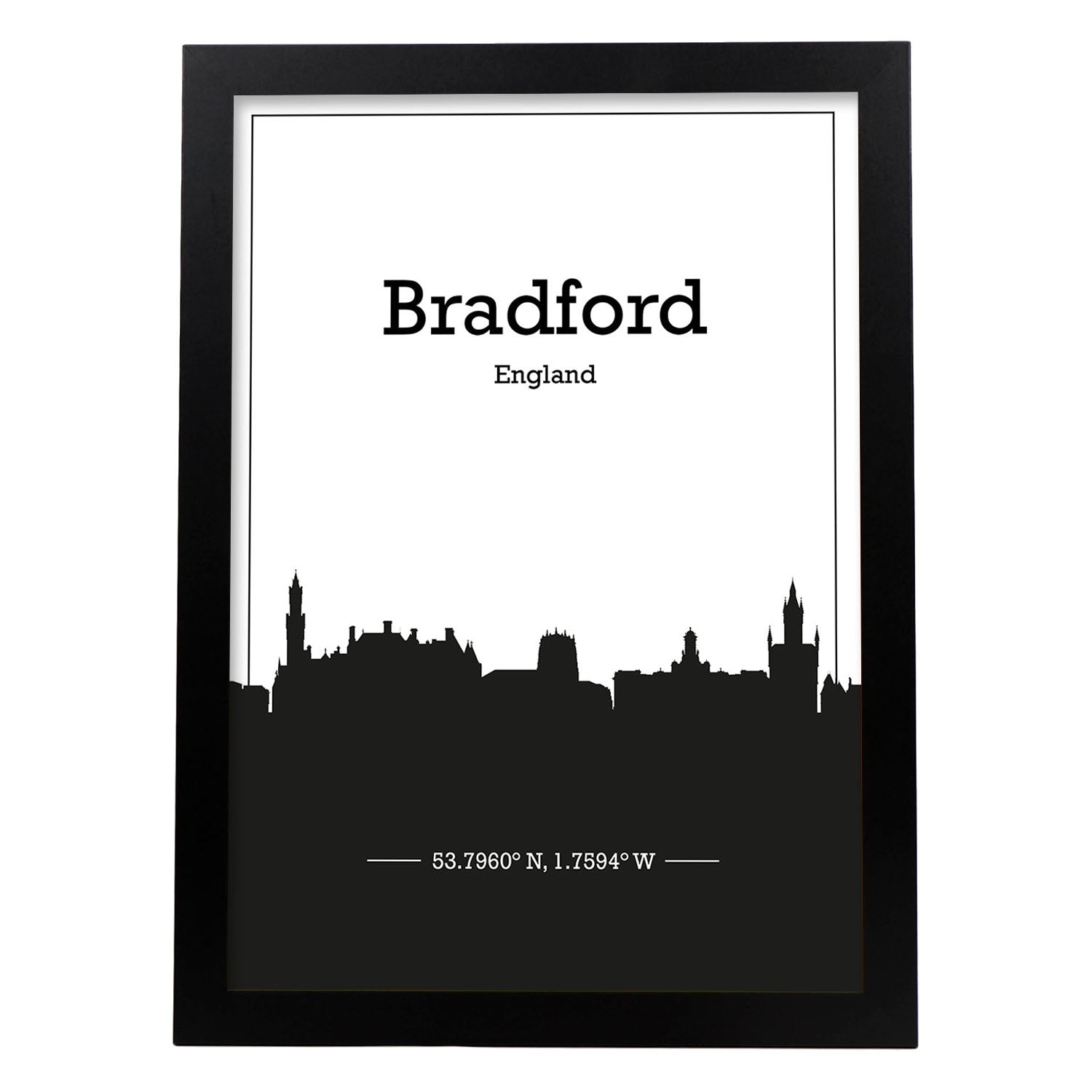 Poster con mapa de Bradford - Inglaterra. Láminas con Skyline de ciudades de Inglaterra e Irlanda con sombra negra.-Artwork-Nacnic-A4-Marco Negro-Nacnic Estudio SL