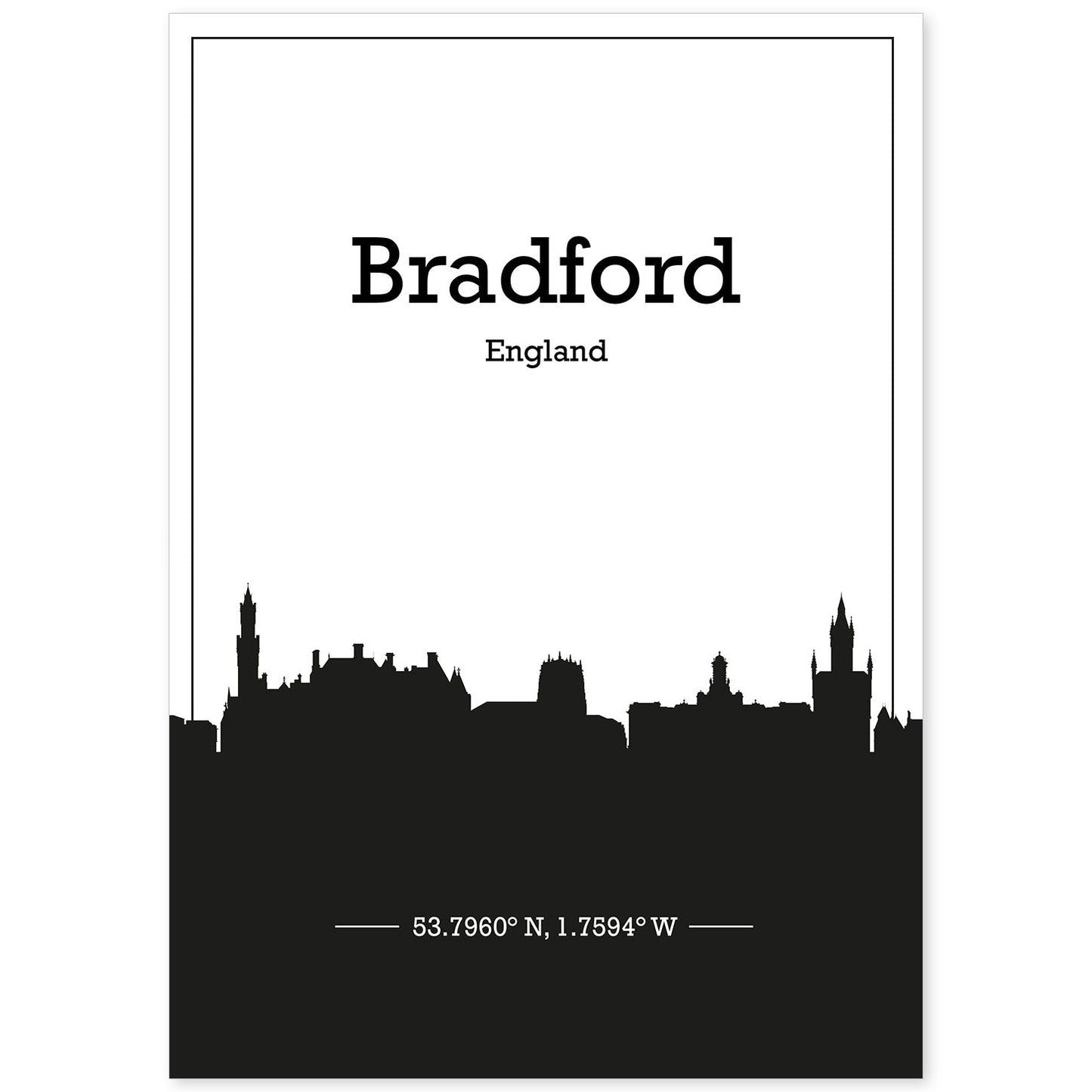 Poster con mapa de Bradford - Inglaterra. Láminas con Skyline de ciudades de Inglaterra e Irlanda con sombra negra.-Artwork-Nacnic-A4-Sin marco-Nacnic Estudio SL