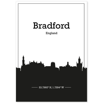 Poster con mapa de Bradford - Inglaterra. Láminas con Skyline de ciudades de Inglaterra e Irlanda con sombra negra.-Artwork-Nacnic-A4-Sin marco-Nacnic Estudio SL