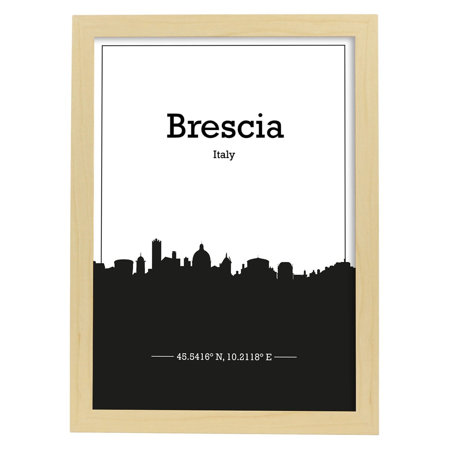 Poster con mapa de Brescia - Italia. Láminas con Skyline de ciudades de Italia con sombra negra.-Artwork-Nacnic-A4-Marco Madera clara-Nacnic Estudio SL