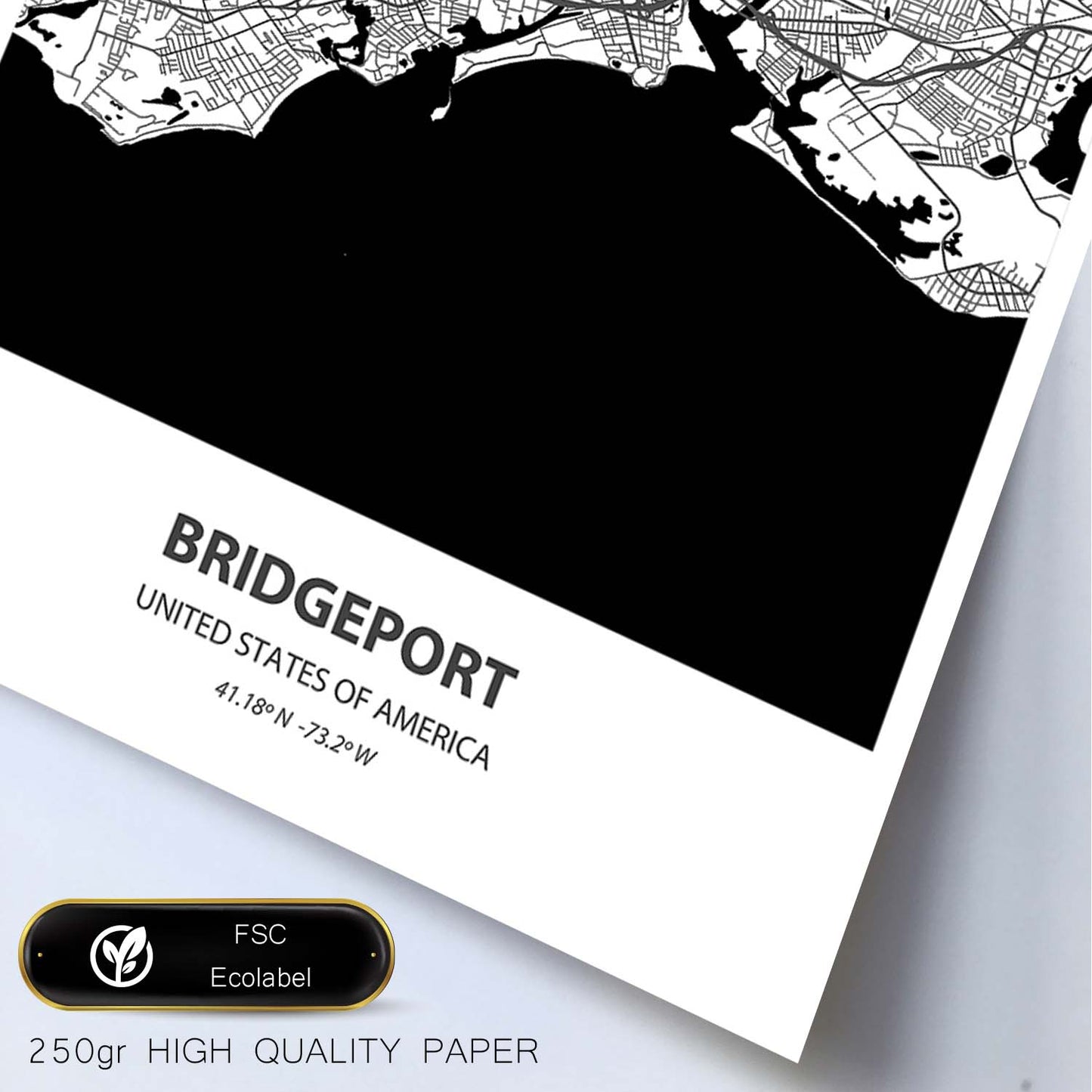 Poster con mapa de Bridgeport - USA. Láminas de ciudades de Estados Unidos con mares y ríos en color negro.-Artwork-Nacnic-Nacnic Estudio SL