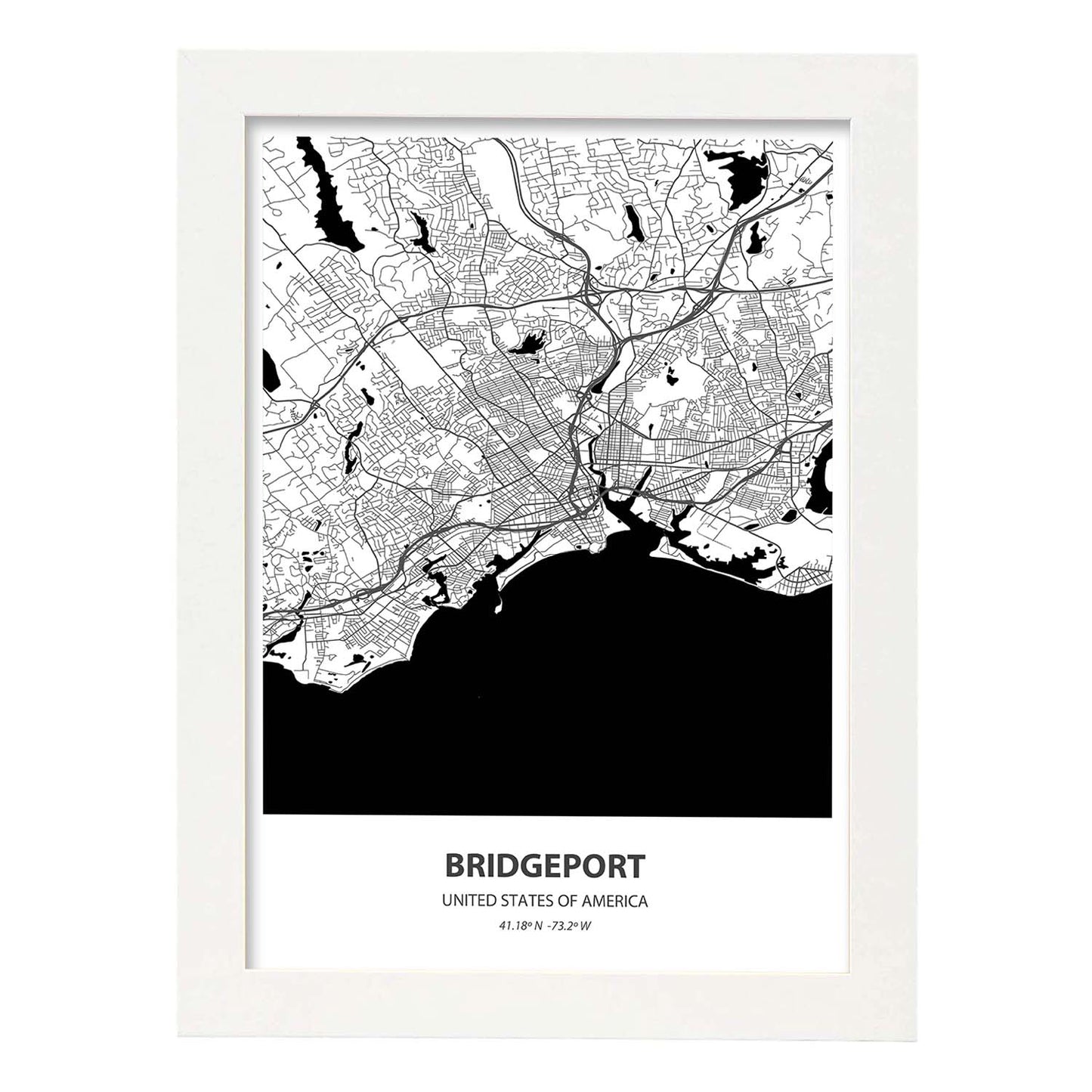 Poster con mapa de Bridgeport - USA. Láminas de ciudades de Estados Unidos con mares y ríos en color negro.-Artwork-Nacnic-A3-Marco Blanco-Nacnic Estudio SL