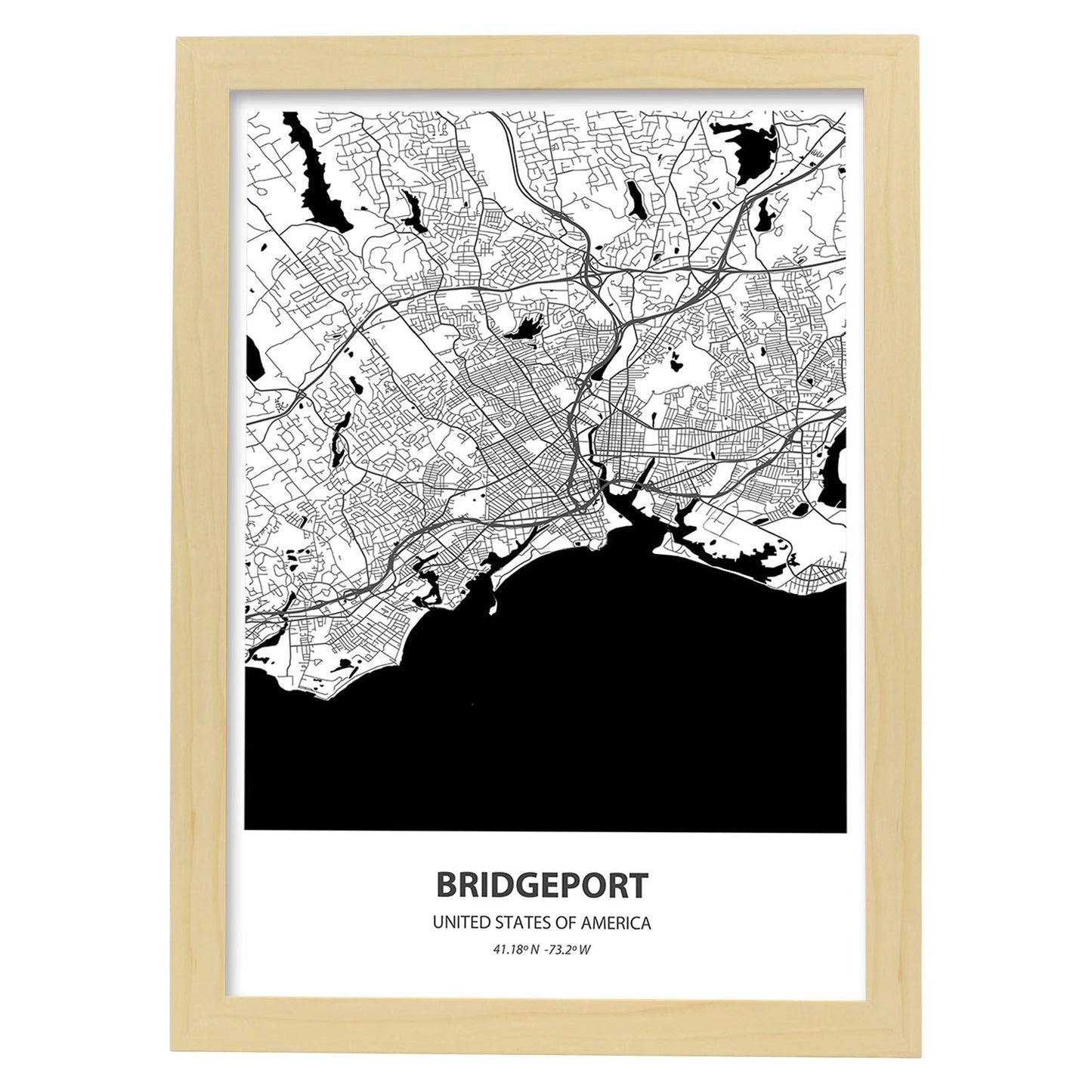 Poster con mapa de Bridgeport - USA. Láminas de ciudades de Estados Unidos con mares y ríos en color negro.-Artwork-Nacnic-A3-Marco Madera clara-Nacnic Estudio SL
