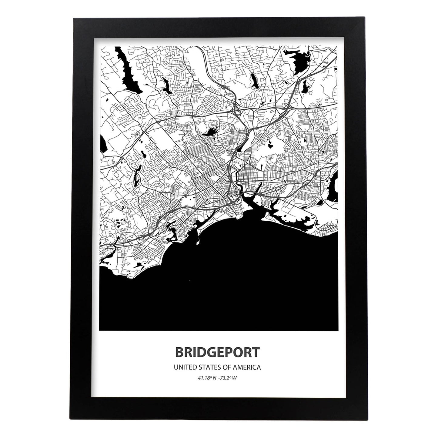 Poster con mapa de Bridgeport - USA. Láminas de ciudades de Estados Unidos con mares y ríos en color negro.-Artwork-Nacnic-A3-Marco Negro-Nacnic Estudio SL