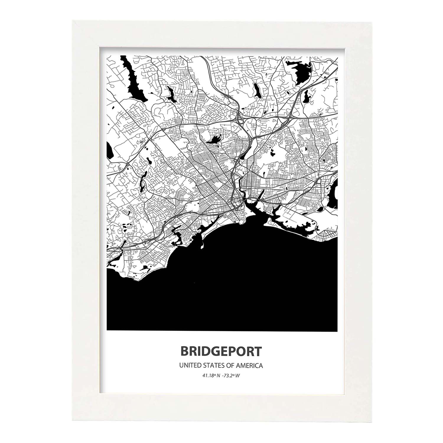 Poster con mapa de Bridgeport - USA. Láminas de ciudades de Estados Unidos con mares y ríos en color negro.-Artwork-Nacnic-A4-Marco Blanco-Nacnic Estudio SL