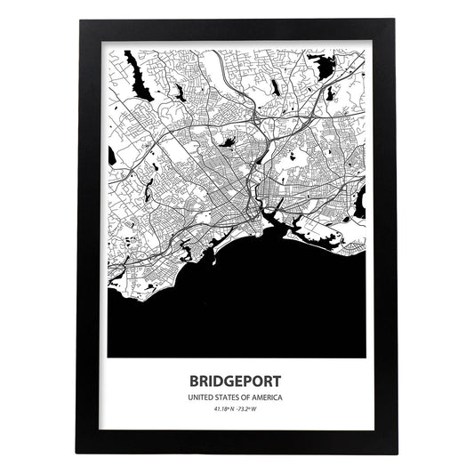 Poster con mapa de Bridgeport - USA. Láminas de ciudades de Estados Unidos con mares y ríos en color negro.-Artwork-Nacnic-A4-Marco Negro-Nacnic Estudio SL