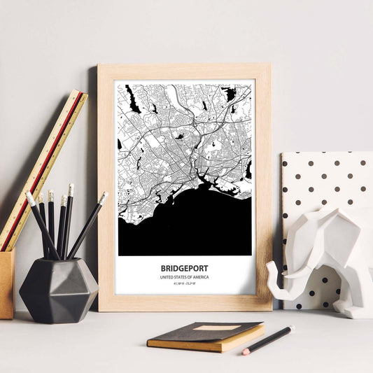 Poster con mapa de Bridgeport - USA. Láminas de ciudades de Estados Unidos con mares y ríos en color negro.-Artwork-Nacnic-Nacnic Estudio SL