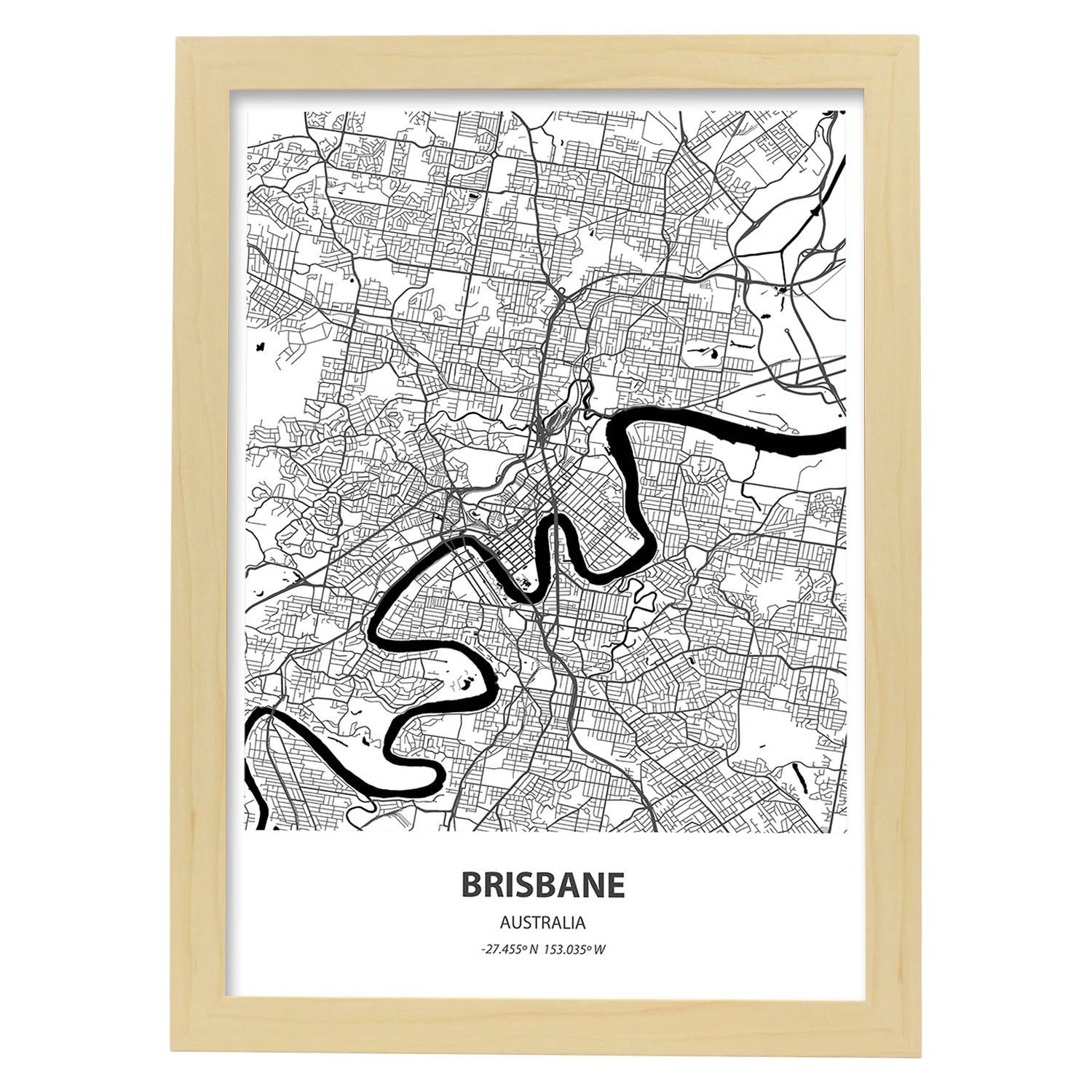 Poster con mapa de Brisbane - Australia. Láminas de ciudades de Australia con mares y ríos en color negro.-Artwork-Nacnic-A4-Marco Madera clara-Nacnic Estudio SL