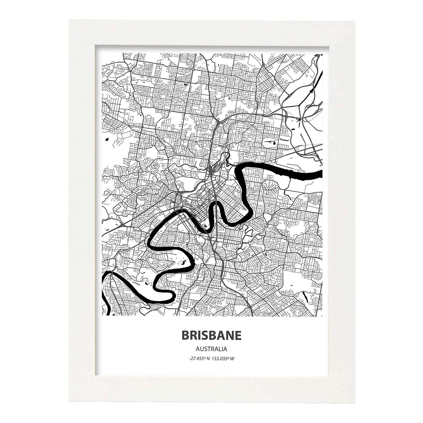 Poster con mapa de Brisbane - Australia. Láminas de ciudades de Australia con mares y ríos en color negro.-Artwork-Nacnic-A3-Marco Blanco-Nacnic Estudio SL