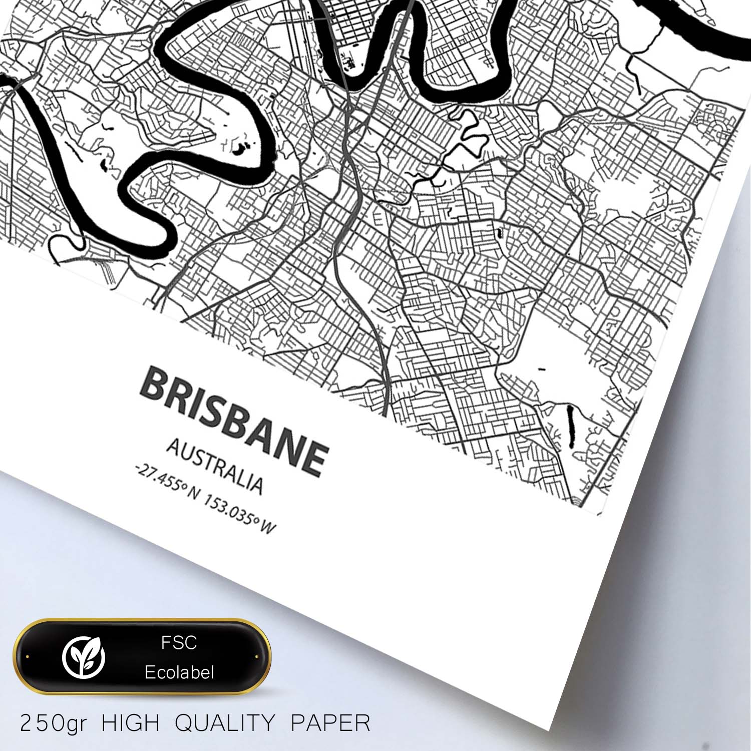 Poster con mapa de Brisbane - Australia. Láminas de ciudades de Australia con mares y ríos en color negro.-Artwork-Nacnic-Nacnic Estudio SL