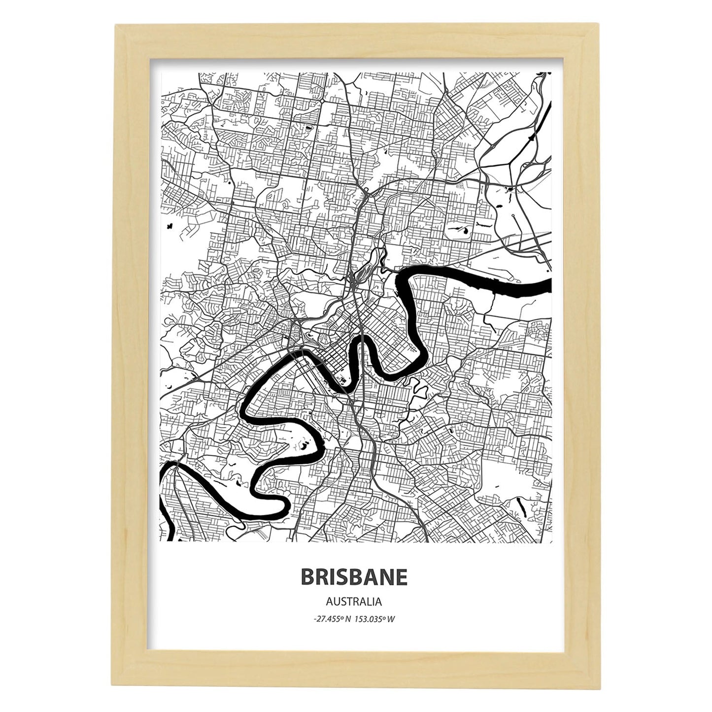 Poster con mapa de Brisbane - Australia. Láminas de ciudades de Australia con mares y ríos en color negro.-Artwork-Nacnic-A3-Marco Madera clara-Nacnic Estudio SL