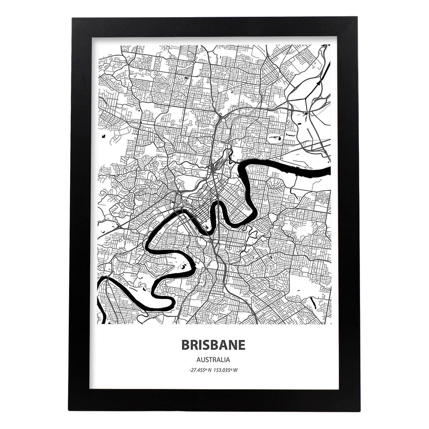 Poster con mapa de Brisbane - Australia. Láminas de ciudades de Australia con mares y ríos en color negro.-Artwork-Nacnic-A3-Marco Negro-Nacnic Estudio SL