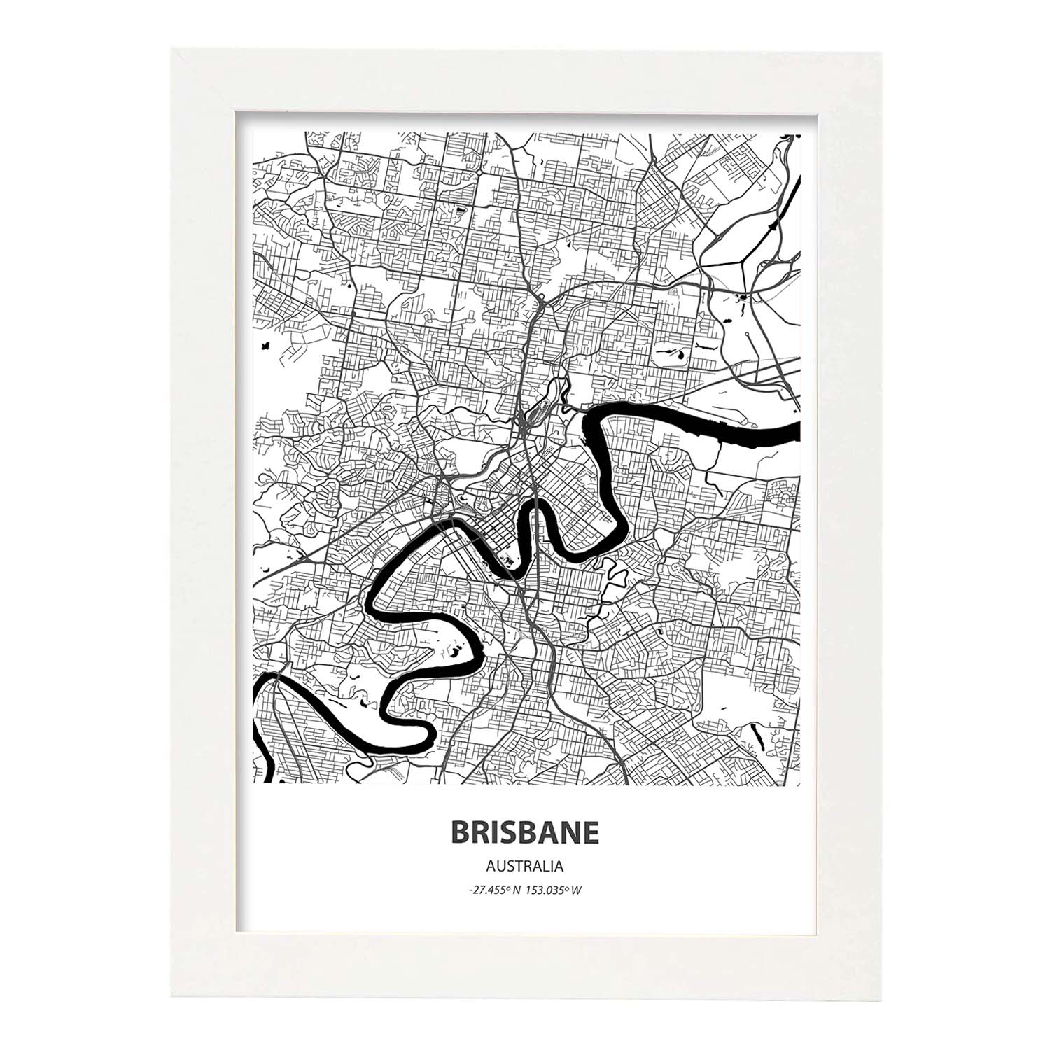 Poster con mapa de Brisbane - Australia. Láminas de ciudades de Australia con mares y ríos en color negro.-Artwork-Nacnic-A4-Marco Blanco-Nacnic Estudio SL