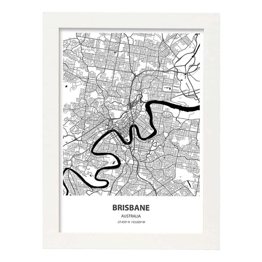 Poster con mapa de Brisbane - Australia. Láminas de ciudades de Australia con mares y ríos en color negro.-Artwork-Nacnic-A4-Marco Blanco-Nacnic Estudio SL