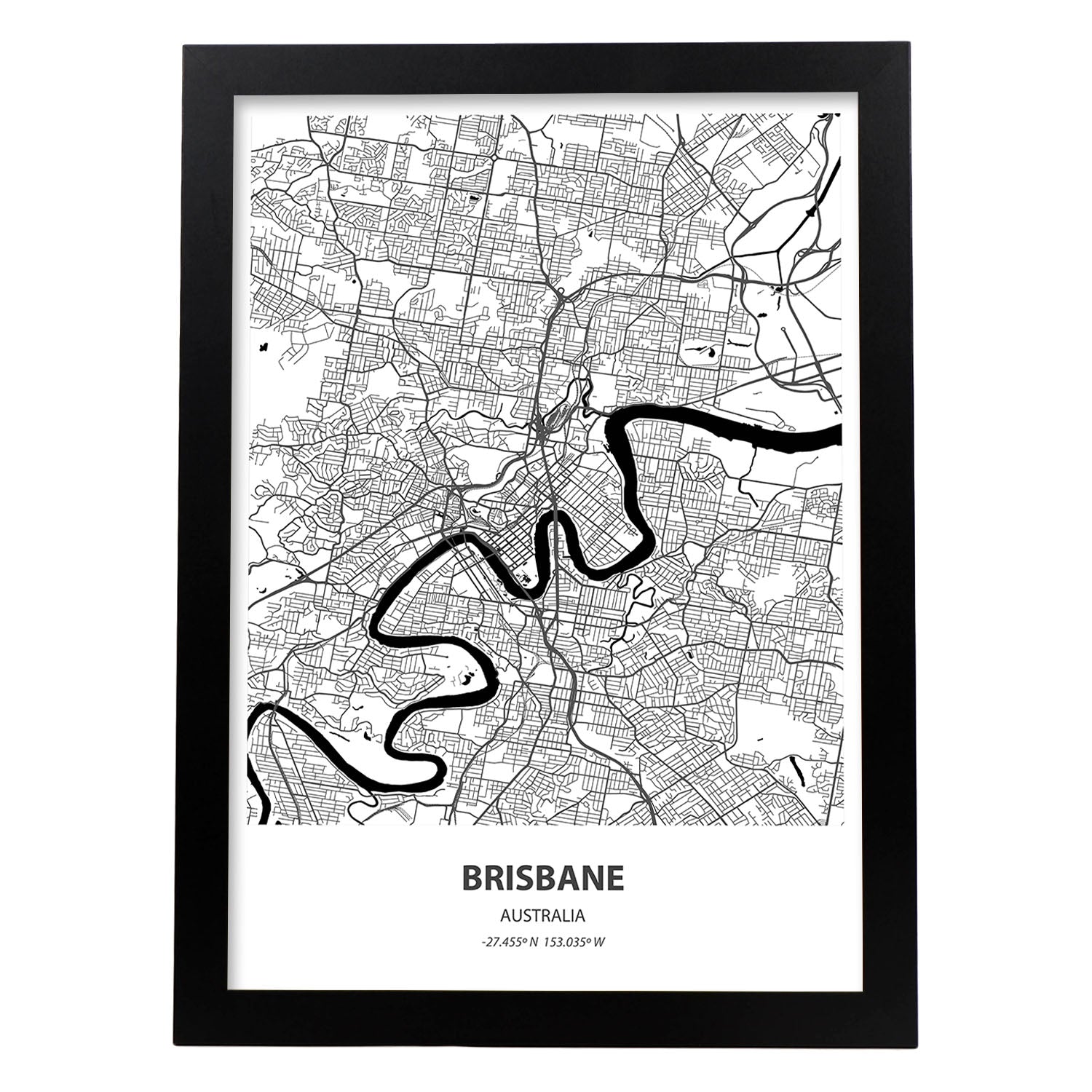 Poster con mapa de Brisbane - Australia. Láminas de ciudades de Australia con mares y ríos en color negro.-Artwork-Nacnic-A4-Marco Negro-Nacnic Estudio SL