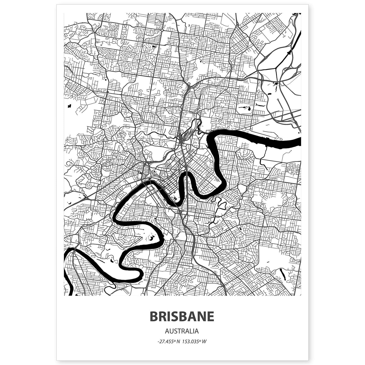 Poster con mapa de Brisbane - Australia. Láminas de ciudades de Australia con mares y ríos en color negro.-Artwork-Nacnic-A4-Sin marco-Nacnic Estudio SL