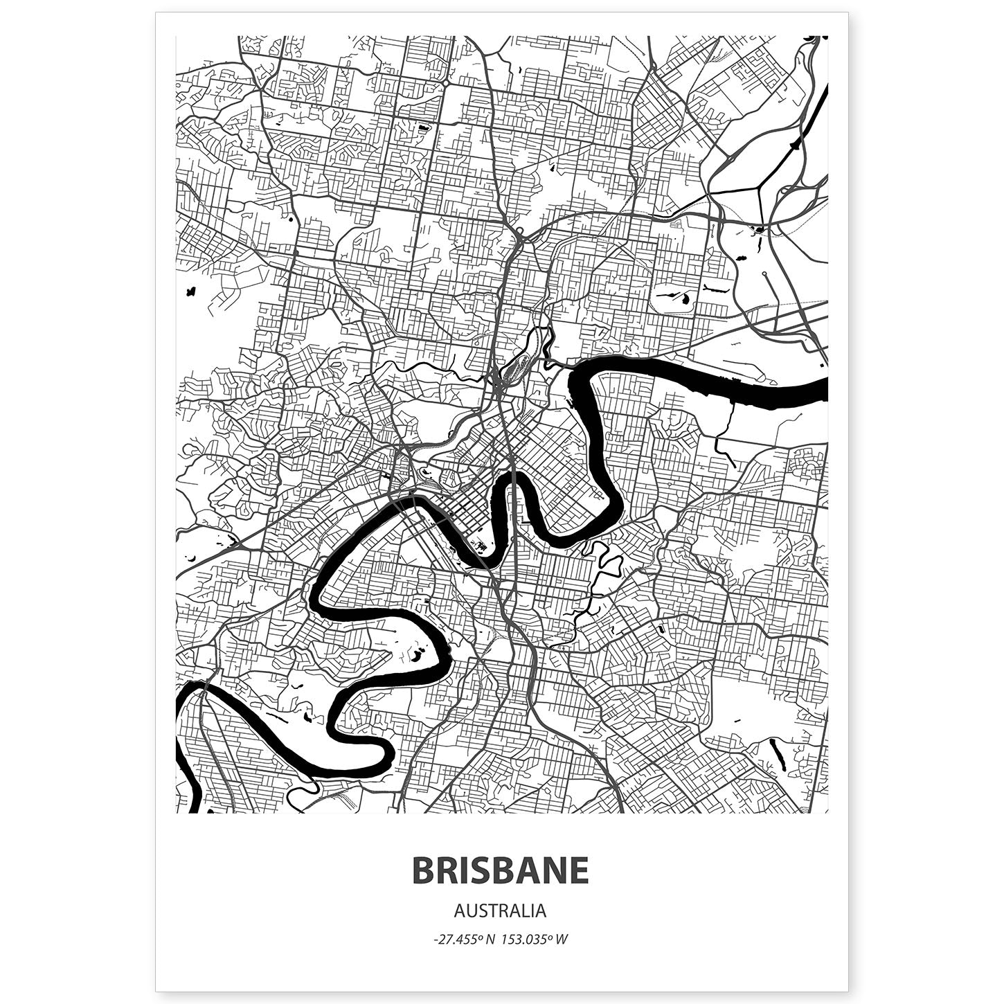 Poster con mapa de Brisbane - Australia. Láminas de ciudades de Australia con mares y ríos en color negro.-Artwork-Nacnic-A4-Sin marco-Nacnic Estudio SL