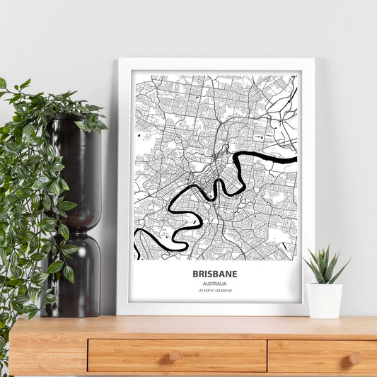 Poster con mapa de Brisbane - Australia. Láminas de ciudades de Australia con mares y ríos en color negro.-Artwork-Nacnic-Nacnic Estudio SL