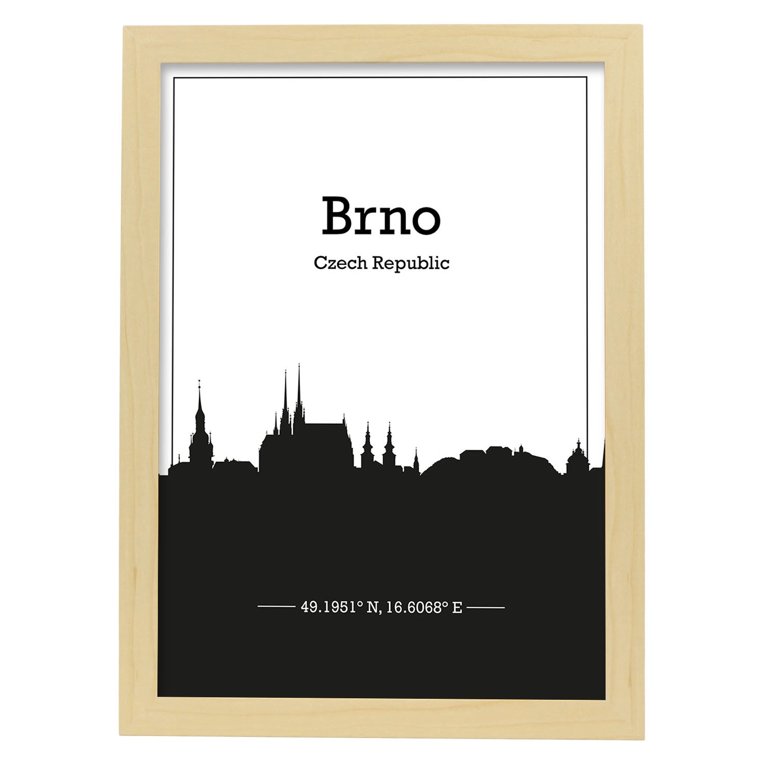 Poster con mapa de Brno - Czechrepublic. Láminas con Skyline de ciudades de Europa con sombra negra.-Artwork-Nacnic-A3-Marco Madera clara-Nacnic Estudio SL