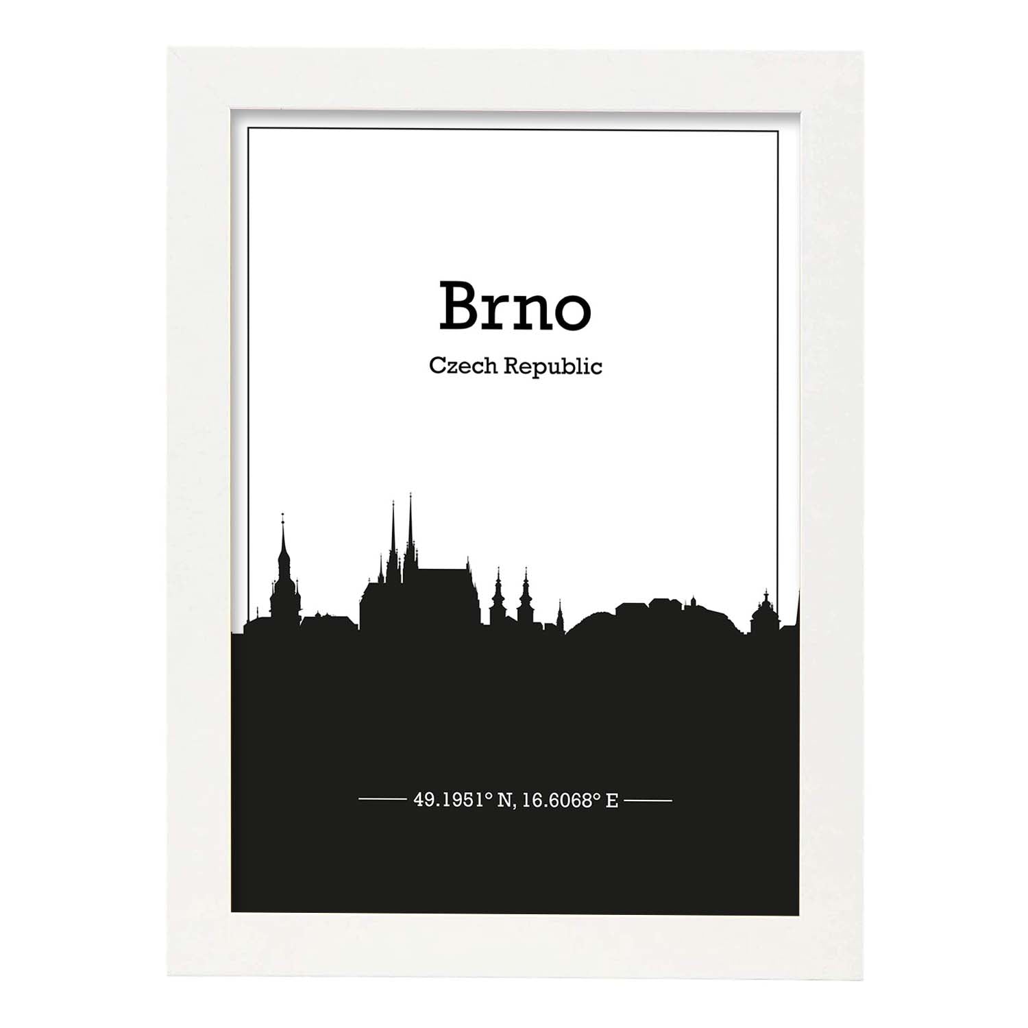 Poster con mapa de Brno - Czechrepublic. Láminas con Skyline de ciudades de Europa con sombra negra.-Artwork-Nacnic-A4-Marco Blanco-Nacnic Estudio SL