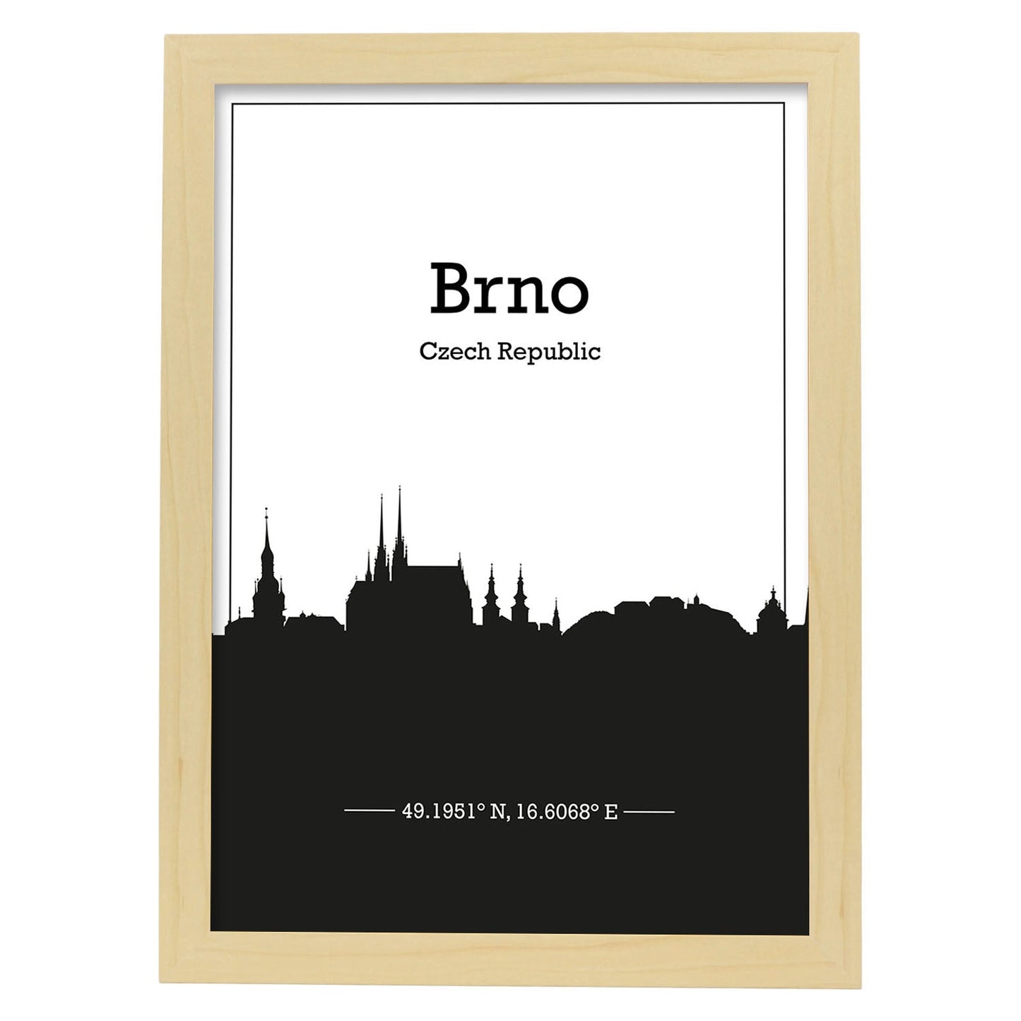 Poster con mapa de Brno - Czechrepublic. Láminas con Skyline de ciudades de Europa con sombra negra.-Artwork-Nacnic-A4-Marco Madera clara-Nacnic Estudio SL