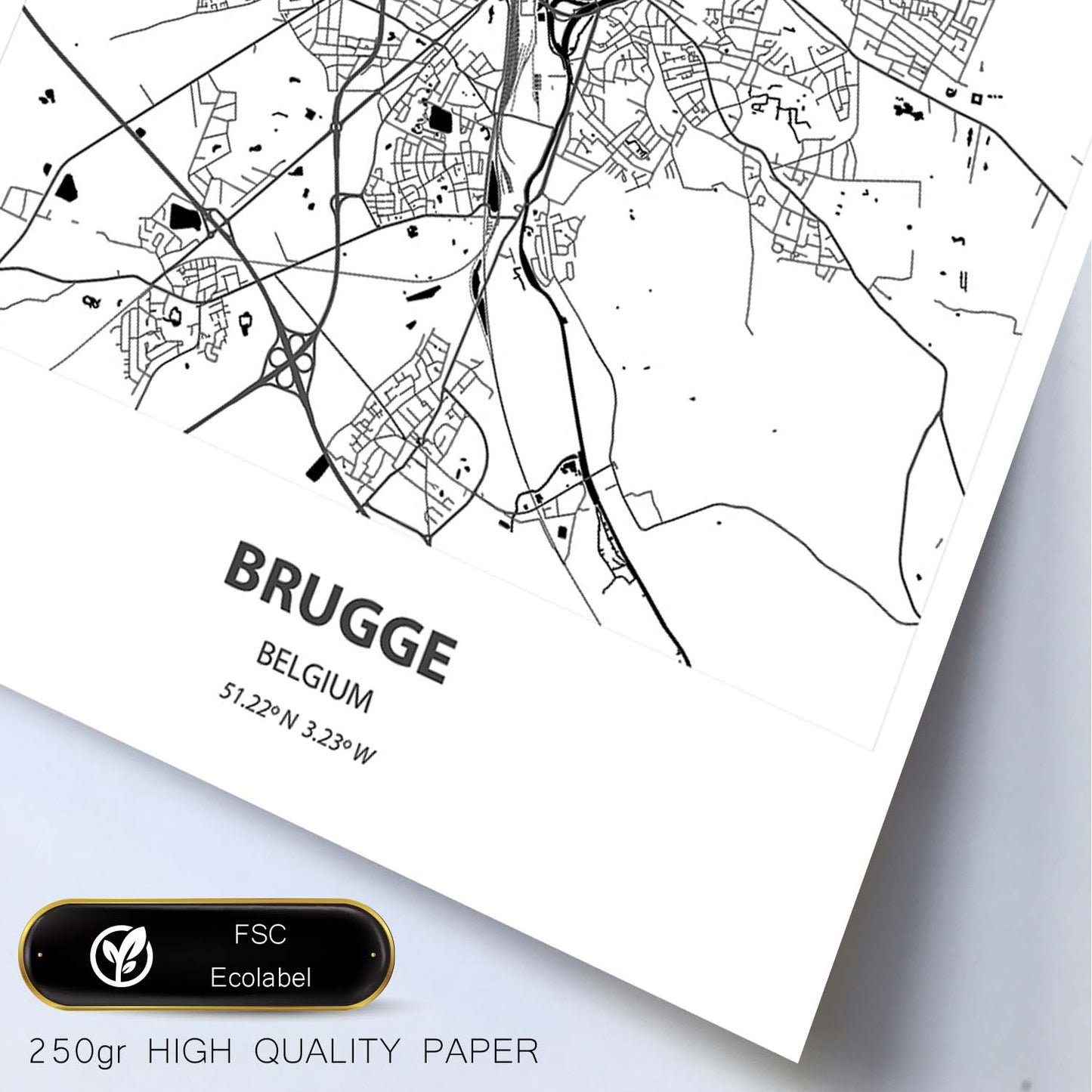 Poster con mapa de Brugge - Belgica. Láminas de ciudades de Holanda y Bélgica con mares y ríos en color negro.-Artwork-Nacnic-Nacnic Estudio SL