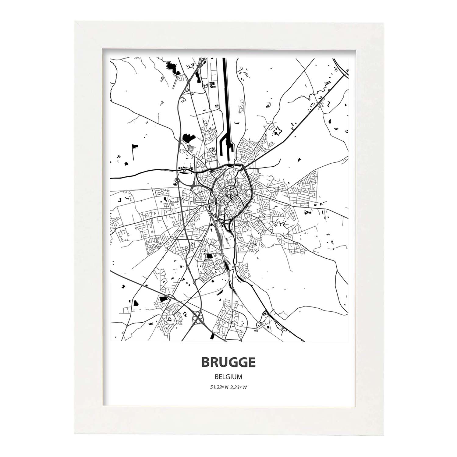 Poster con mapa de Brugge - Belgica. Láminas de ciudades de Holanda y Bélgica con mares y ríos en color negro.-Artwork-Nacnic-A3-Marco Blanco-Nacnic Estudio SL