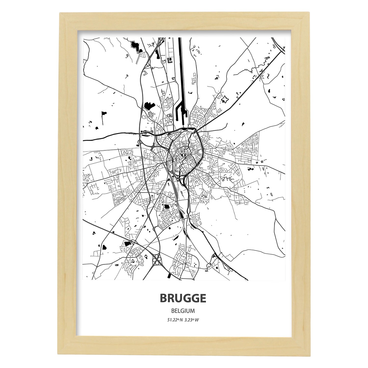 Poster con mapa de Brugge - Belgica. Láminas de ciudades de Holanda y Bélgica con mares y ríos en color negro.-Artwork-Nacnic-A3-Marco Madera clara-Nacnic Estudio SL