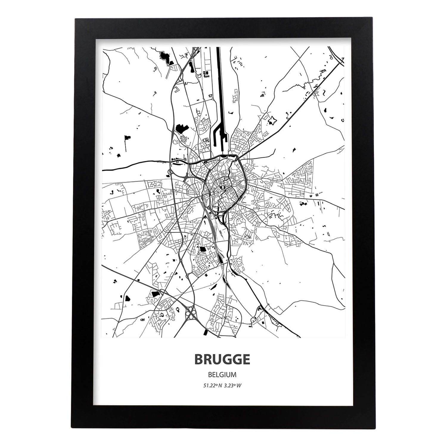 Poster con mapa de Brugge - Belgica. Láminas de ciudades de Holanda y Bélgica con mares y ríos en color negro.-Artwork-Nacnic-A3-Marco Negro-Nacnic Estudio SL