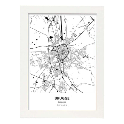 Poster con mapa de Brugge - Belgica. Láminas de ciudades de Holanda y Bélgica con mares y ríos en color negro.-Artwork-Nacnic-A4-Marco Blanco-Nacnic Estudio SL