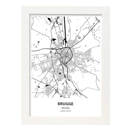 Poster con mapa de Brugge - Belgica. Láminas de ciudades de Holanda y Bélgica con mares y ríos en color negro.-Artwork-Nacnic-A4-Marco Blanco-Nacnic Estudio SL