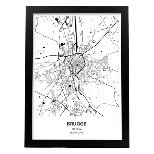 Poster con mapa de Brugge - Belgica. Láminas de ciudades de Holanda y Bélgica con mares y ríos en color negro.-Artwork-Nacnic-A4-Marco Negro-Nacnic Estudio SL