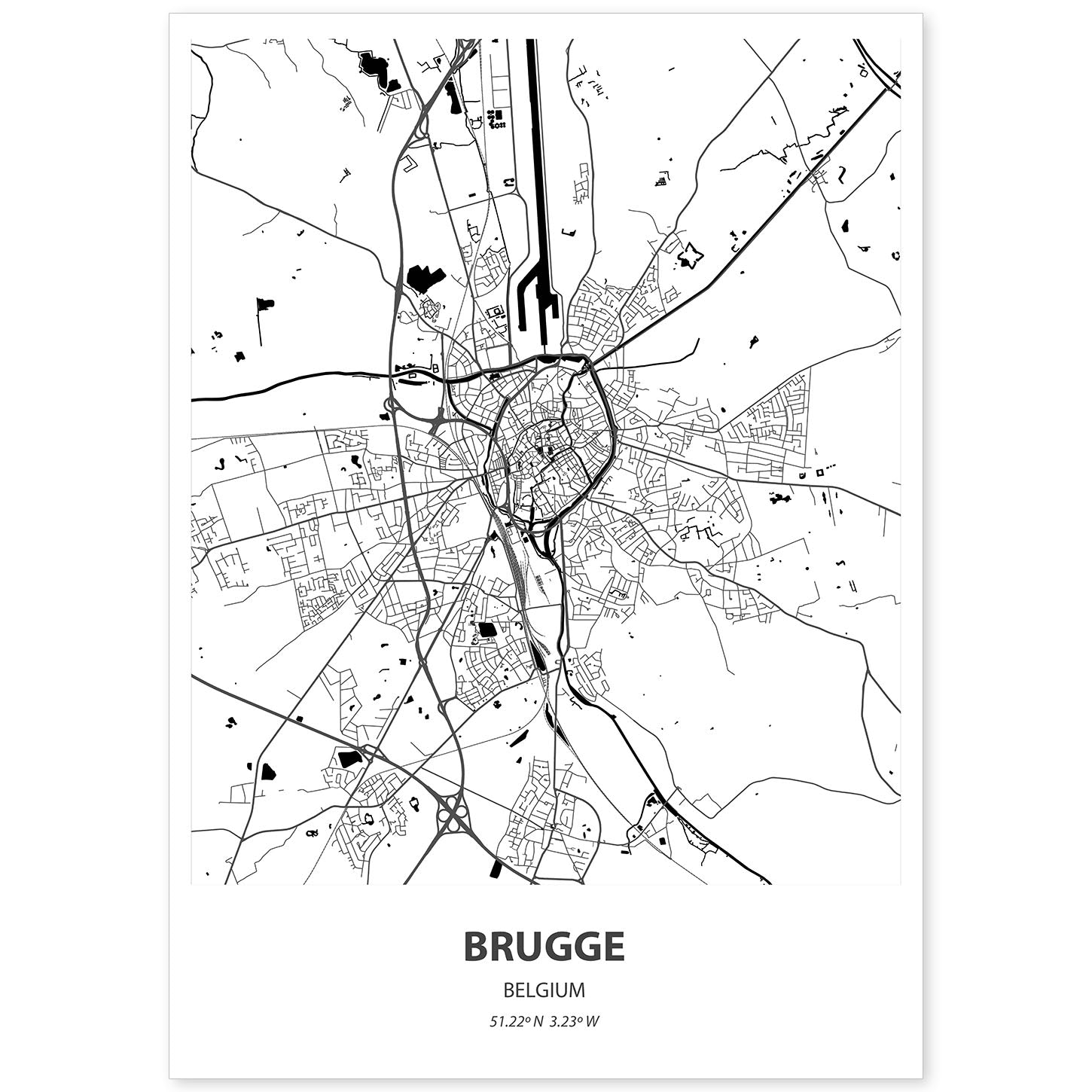 Poster con mapa de Brugge - Belgica. Láminas de ciudades de Holanda y Bélgica con mares y ríos en color negro.-Artwork-Nacnic-A4-Sin marco-Nacnic Estudio SL