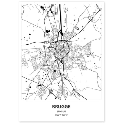 Poster con mapa de Brugge - Belgica. Láminas de ciudades de Holanda y Bélgica con mares y ríos en color negro.-Artwork-Nacnic-A4-Sin marco-Nacnic Estudio SL