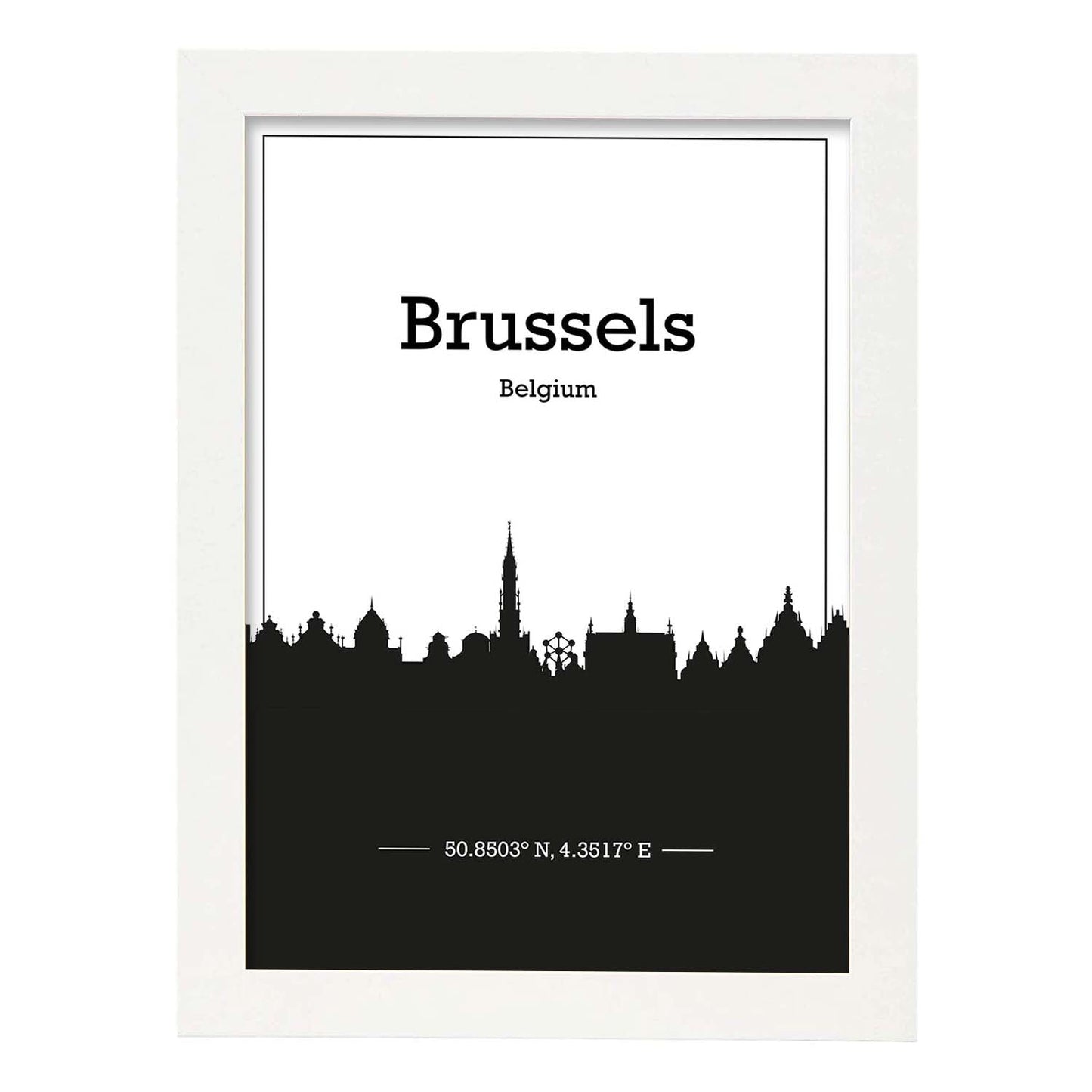 Poster con mapa de Brussels - Belgica. Láminas con Skyline de ciudades de Europa con sombra negra.-Artwork-Nacnic-A3-Marco Blanco-Nacnic Estudio SL