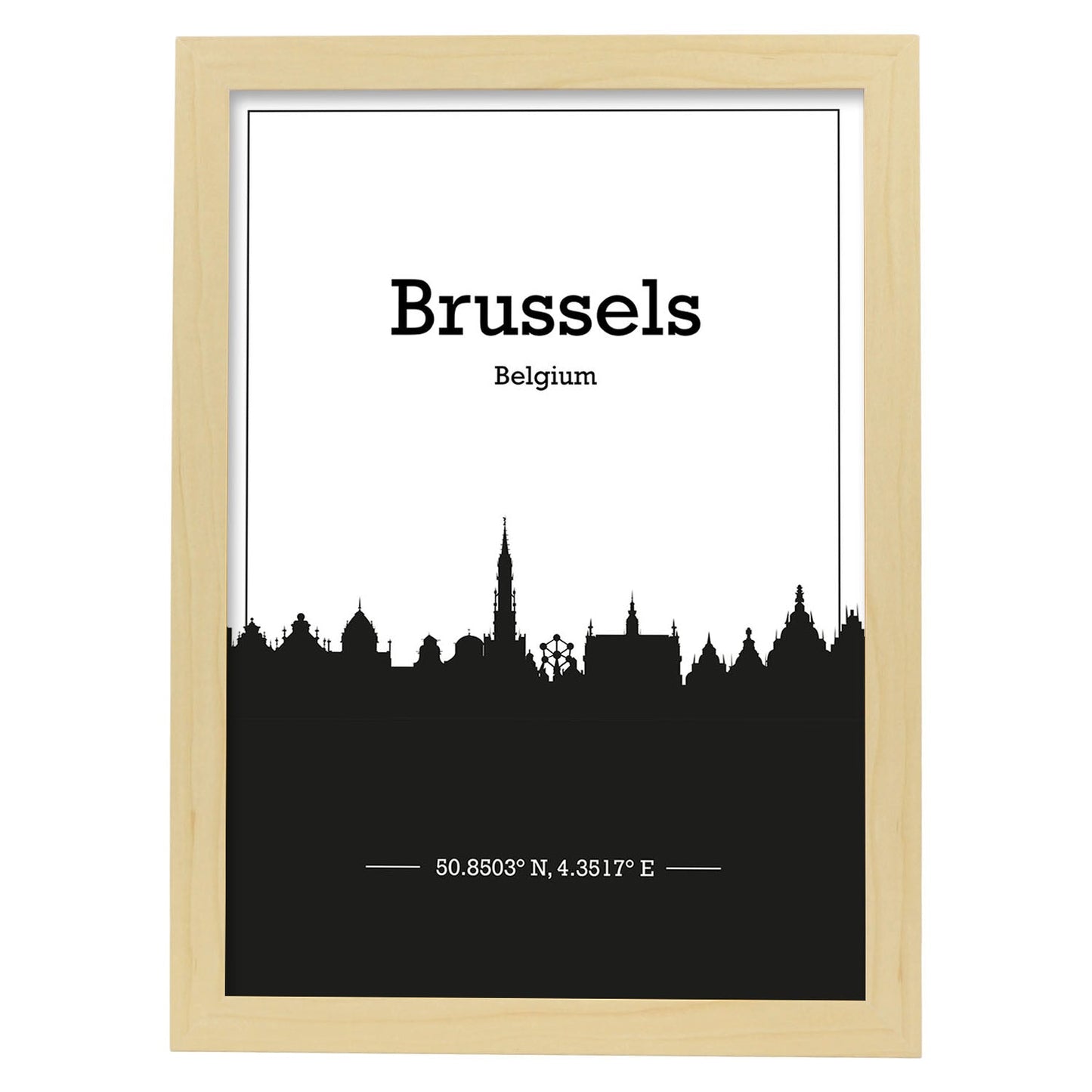 Poster con mapa de Brussels - Belgica. Láminas con Skyline de ciudades de Europa con sombra negra.-Artwork-Nacnic-A3-Marco Madera clara-Nacnic Estudio SL