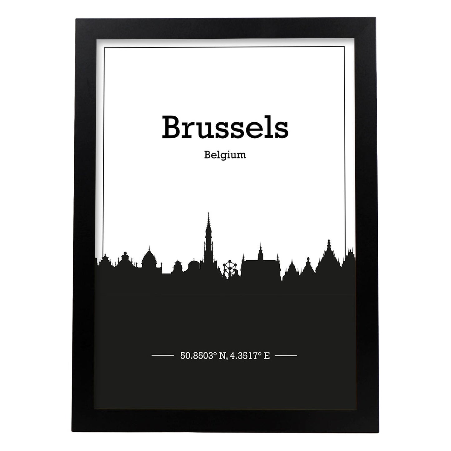 Poster con mapa de Brussels - Belgica. Láminas con Skyline de ciudades de Europa con sombra negra.-Artwork-Nacnic-A3-Marco Negro-Nacnic Estudio SL