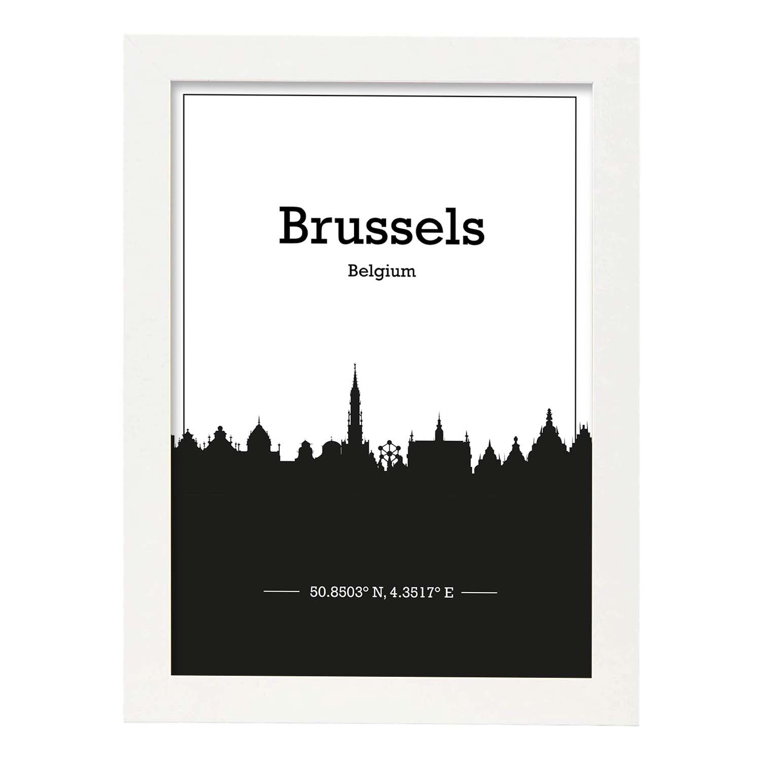 Poster con mapa de Brussels - Belgica. Láminas con Skyline de ciudades de Europa con sombra negra.-Artwork-Nacnic-A4-Marco Blanco-Nacnic Estudio SL
