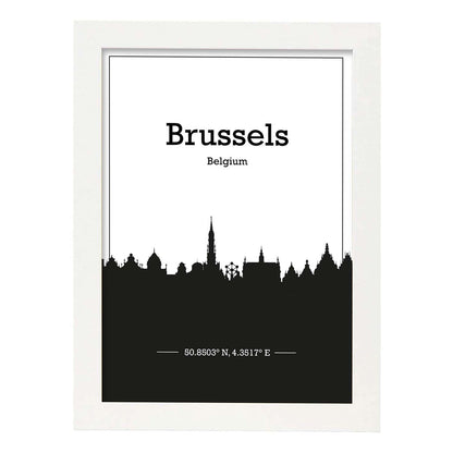 Poster con mapa de Brussels - Belgica. Láminas con Skyline de ciudades de Europa con sombra negra.-Artwork-Nacnic-A4-Marco Blanco-Nacnic Estudio SL