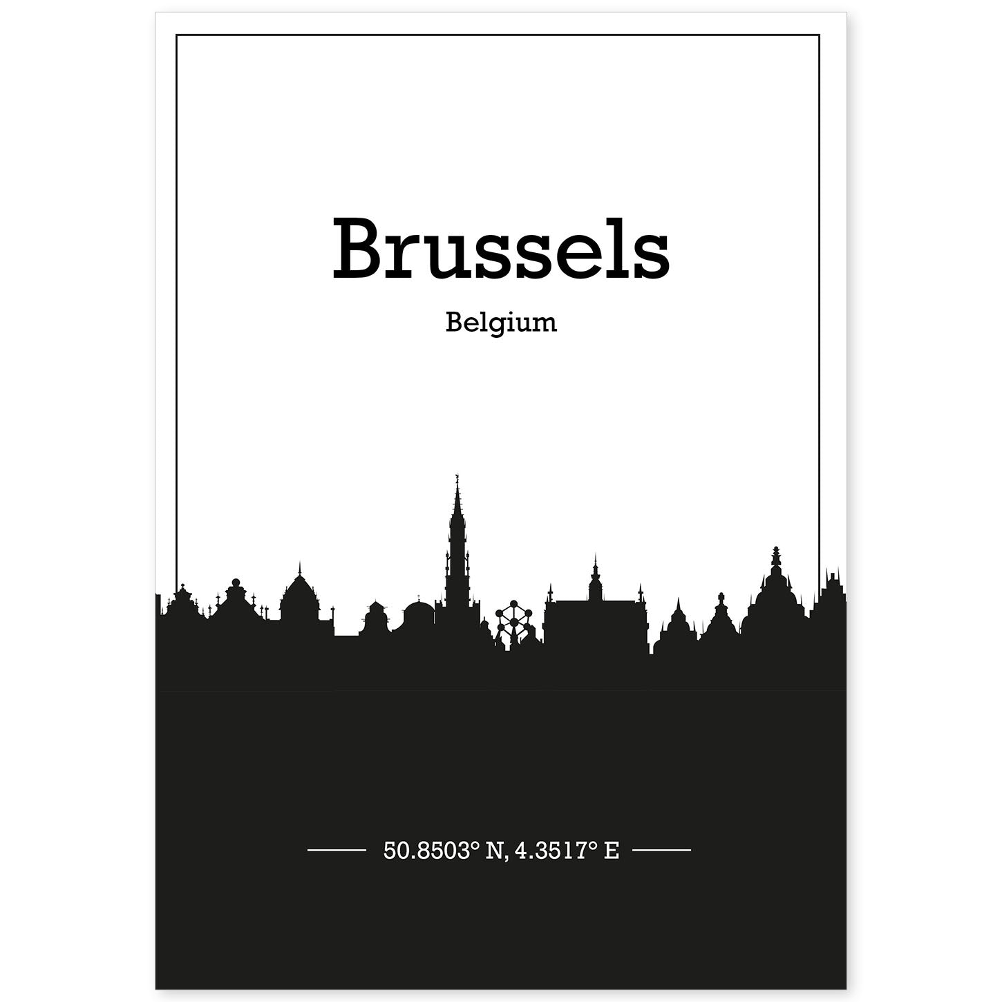 Poster con mapa de Brussels - Belgica. Láminas con Skyline de ciudades de Europa con sombra negra.-Artwork-Nacnic-A4-Sin marco-Nacnic Estudio SL