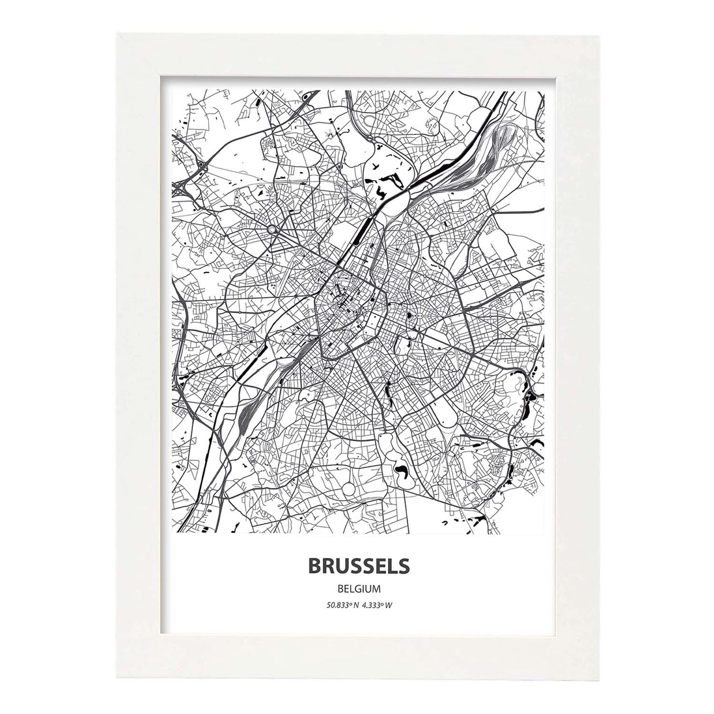 Poster con mapa de Brussels - Belgica. Láminas de ciudades de Holanda y Bélgica con mares y ríos en color negro.-Artwork-Nacnic-A3-Marco Blanco-Nacnic Estudio SL