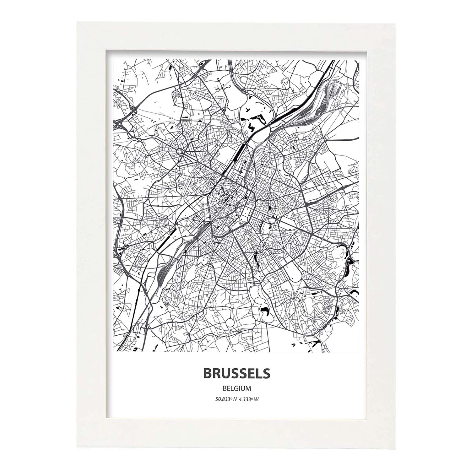 Poster con mapa de Brussels - Belgica. Láminas de ciudades de Holanda y Bélgica con mares y ríos en color negro.-Artwork-Nacnic-A3-Marco Blanco-Nacnic Estudio SL