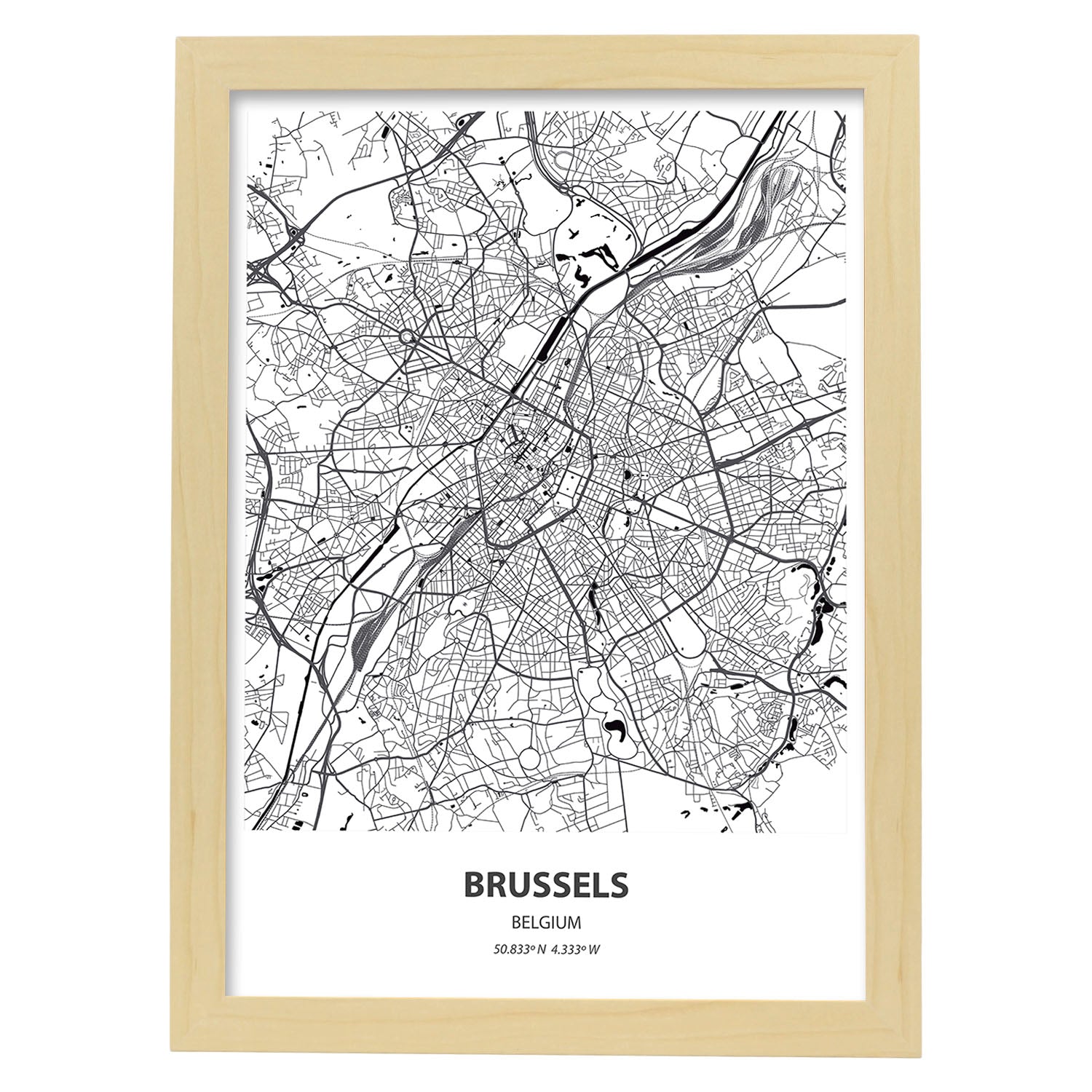 Poster con mapa de Brussels - Belgica. Láminas de ciudades de Holanda y Bélgica con mares y ríos en color negro.-Artwork-Nacnic-A3-Marco Madera clara-Nacnic Estudio SL