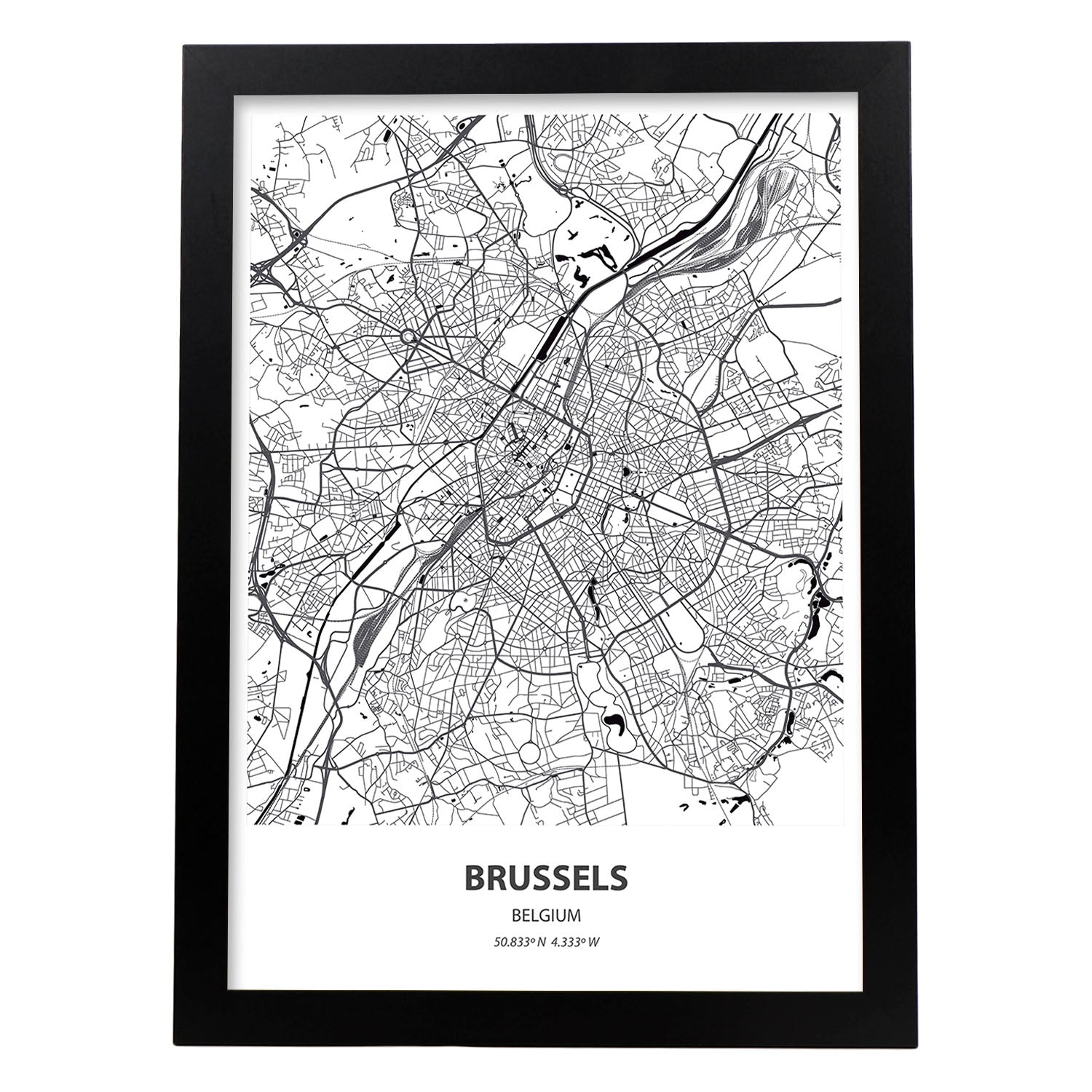 Poster con mapa de Brussels - Belgica. Láminas de ciudades de Holanda y Bélgica con mares y ríos en color negro.-Artwork-Nacnic-A3-Marco Negro-Nacnic Estudio SL