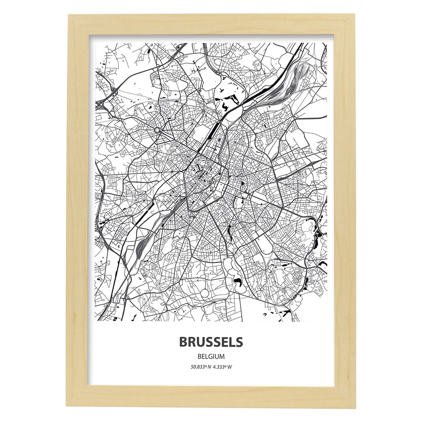 Poster con mapa de Brussels - Belgica. Láminas de ciudades de Holanda y Bélgica con mares y ríos en color negro.-Artwork-Nacnic-A4-Marco Madera clara-Nacnic Estudio SL