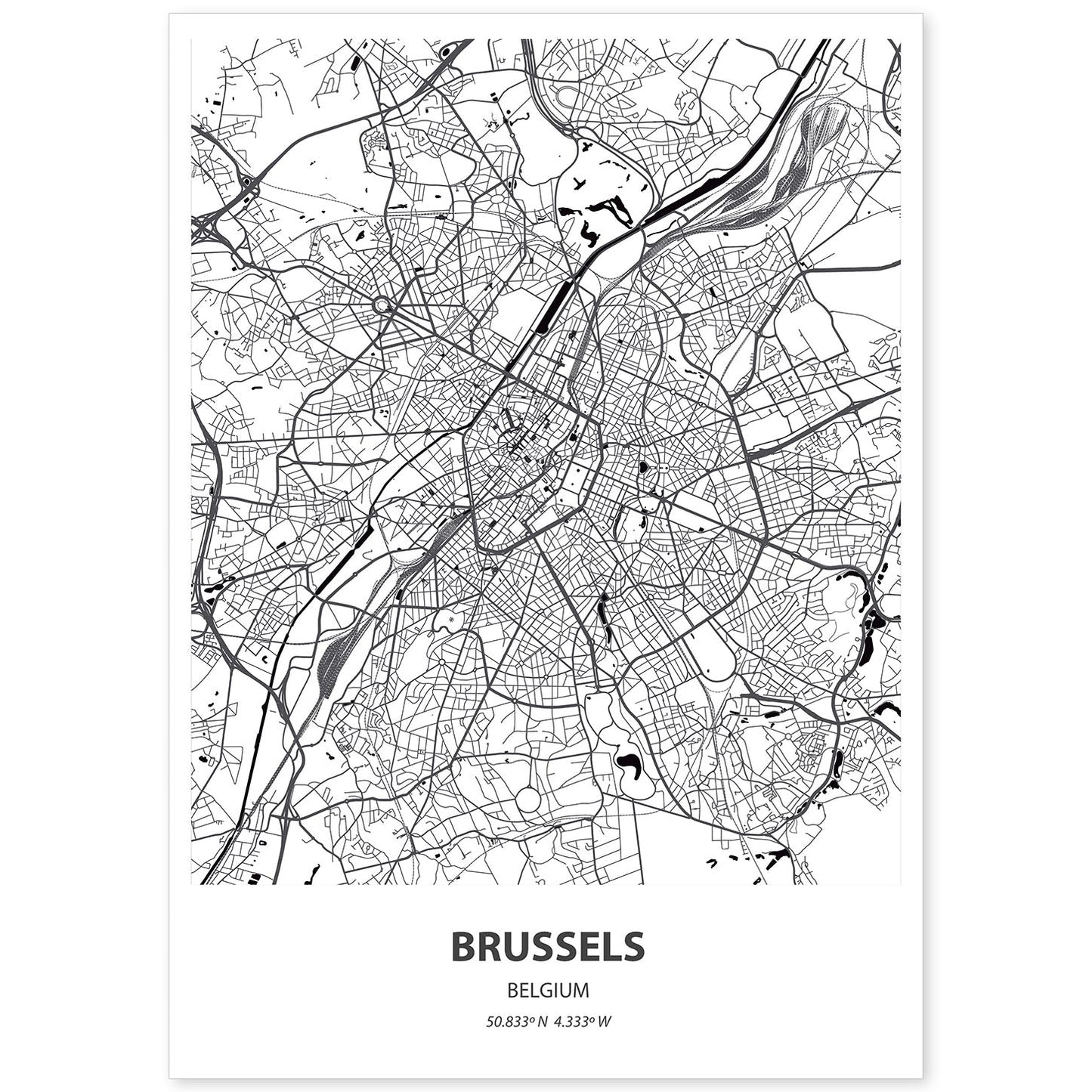 Poster con mapa de Brussels - Belgica. Láminas de ciudades de Holanda y Bélgica con mares y ríos en color negro.-Artwork-Nacnic-A4-Sin marco-Nacnic Estudio SL