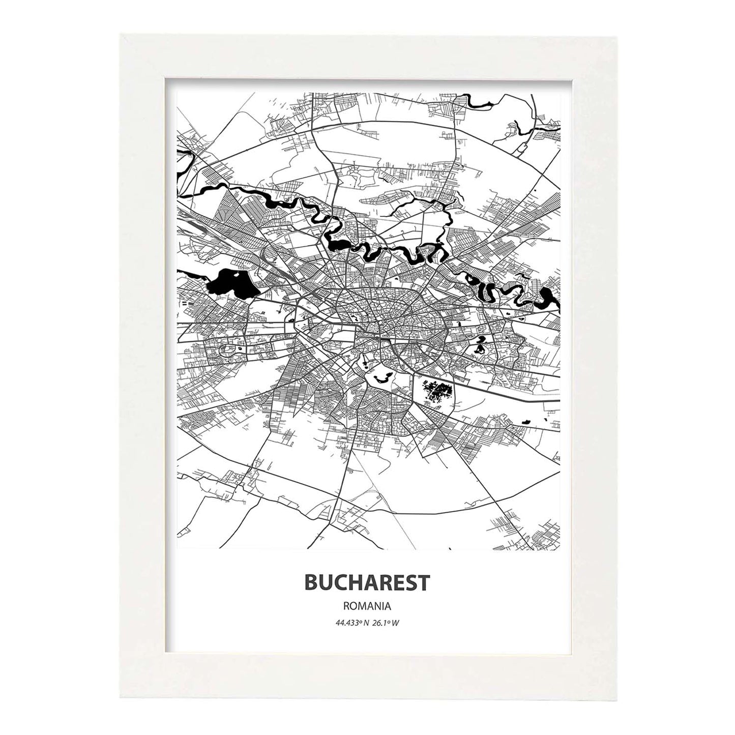 Poster con mapa de Bucharest - Rumania. Láminas de ciudades de Europa con mares y ríos en color negro.-Artwork-Nacnic-A3-Marco Blanco-Nacnic Estudio SL
