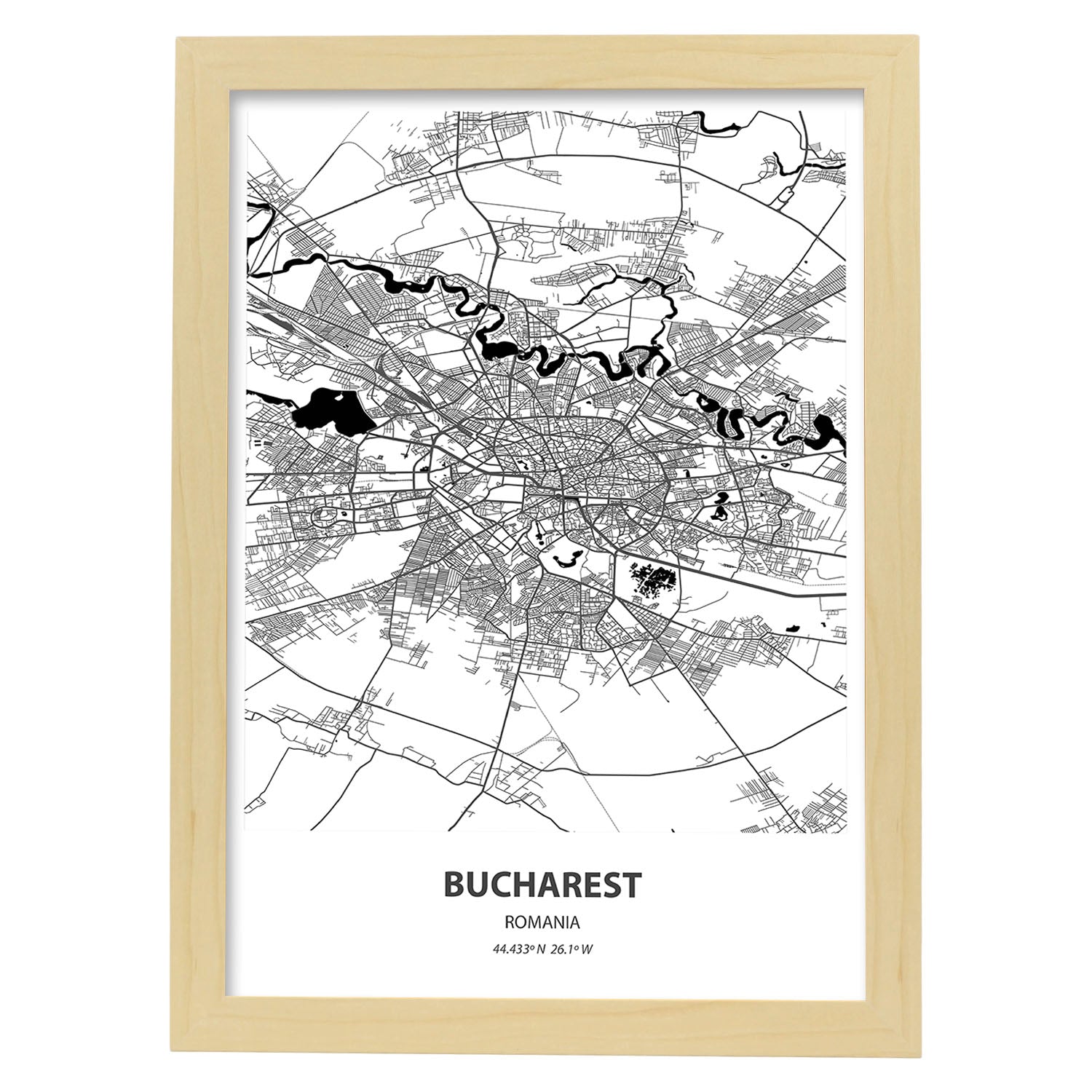 Poster con mapa de Bucharest - Rumania. Láminas de ciudades de Europa con mares y ríos en color negro.-Artwork-Nacnic-A3-Marco Madera clara-Nacnic Estudio SL